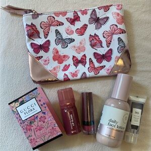 Butterfly Print Cosmetic Bag with Skincare and Makeup Set